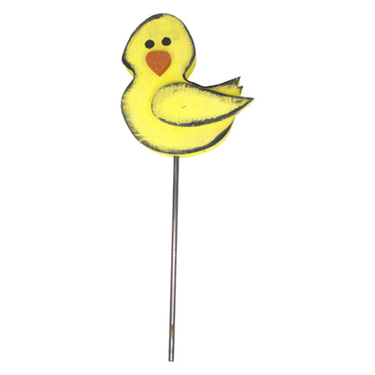 Yellow duck-shaped garden stake on a white background