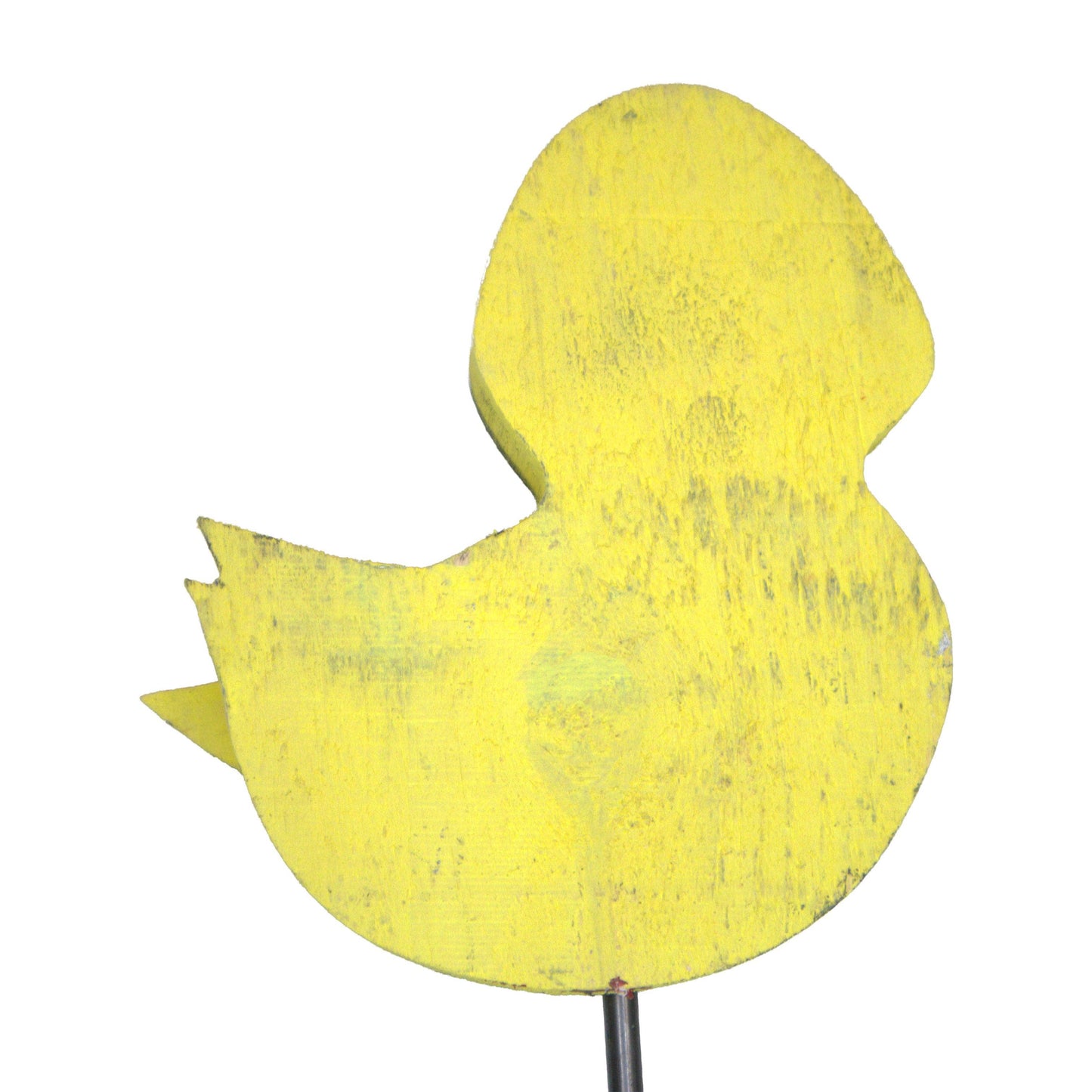 A yellow painted wooden duck-shaped garden stake with a distressed finish, mounted on a black metal post against a plain white background.
