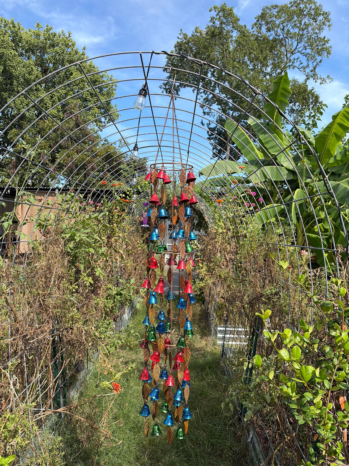 A colorful hanging wind chime with many small bells in red, blue, green, and gold, suspended in a garden pathway under a metal arched trellis with plants and trees around it.