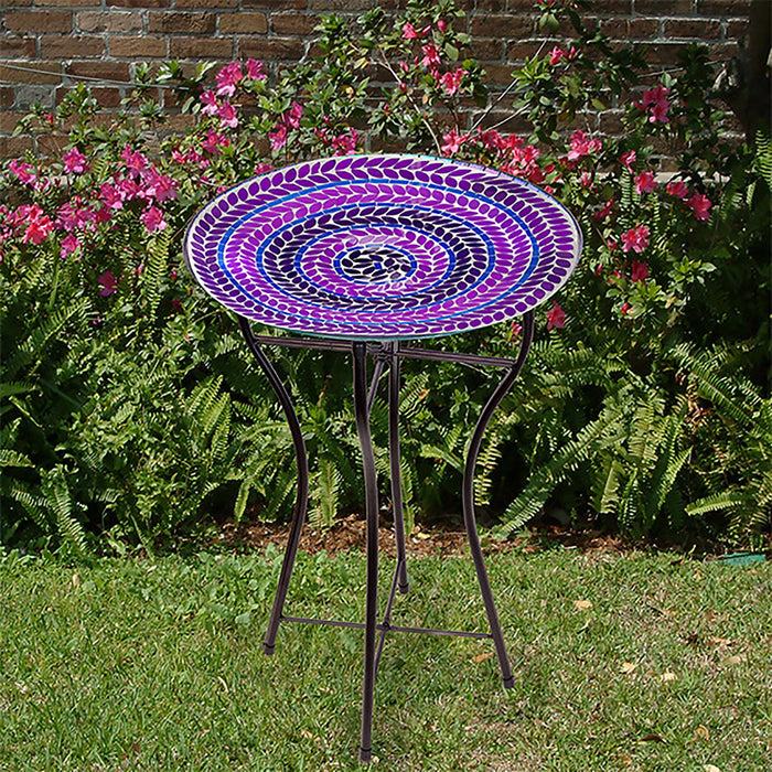 Purple Glass Mosaic Bird Bath with Steel Stand