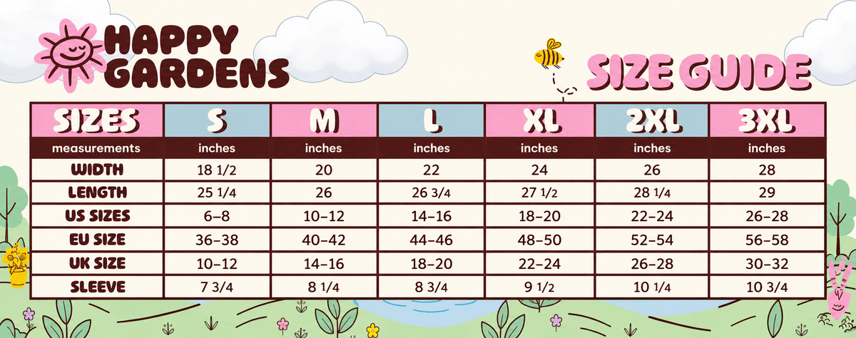 A size guide table for Happy Gardens garden hoses, showing measurements in inches for S, M, L, XL, 2XL, and 3XL sizes, with a colorful cartoon background featuring the Happy Gardens logo.