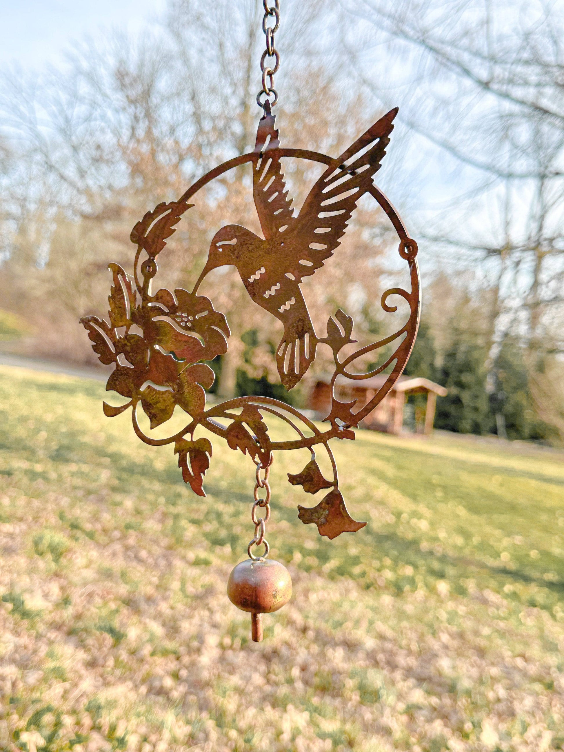 Happy Gardens -  Hummingbird and Lily Hanging Ornament with Bell