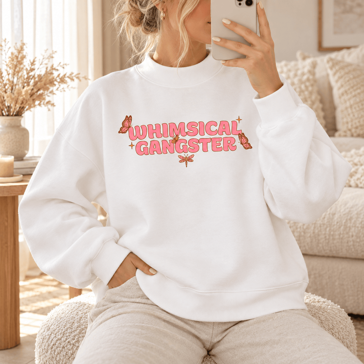 Whimsical Gangster Essential Fleece Mock-Neck Crew Sweatshirt