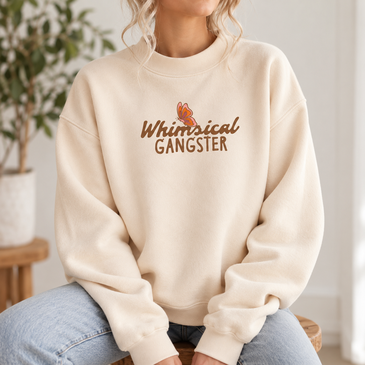 Whimsical Gangster Essential Fleece Mock-Neck Crew Sweatshirt