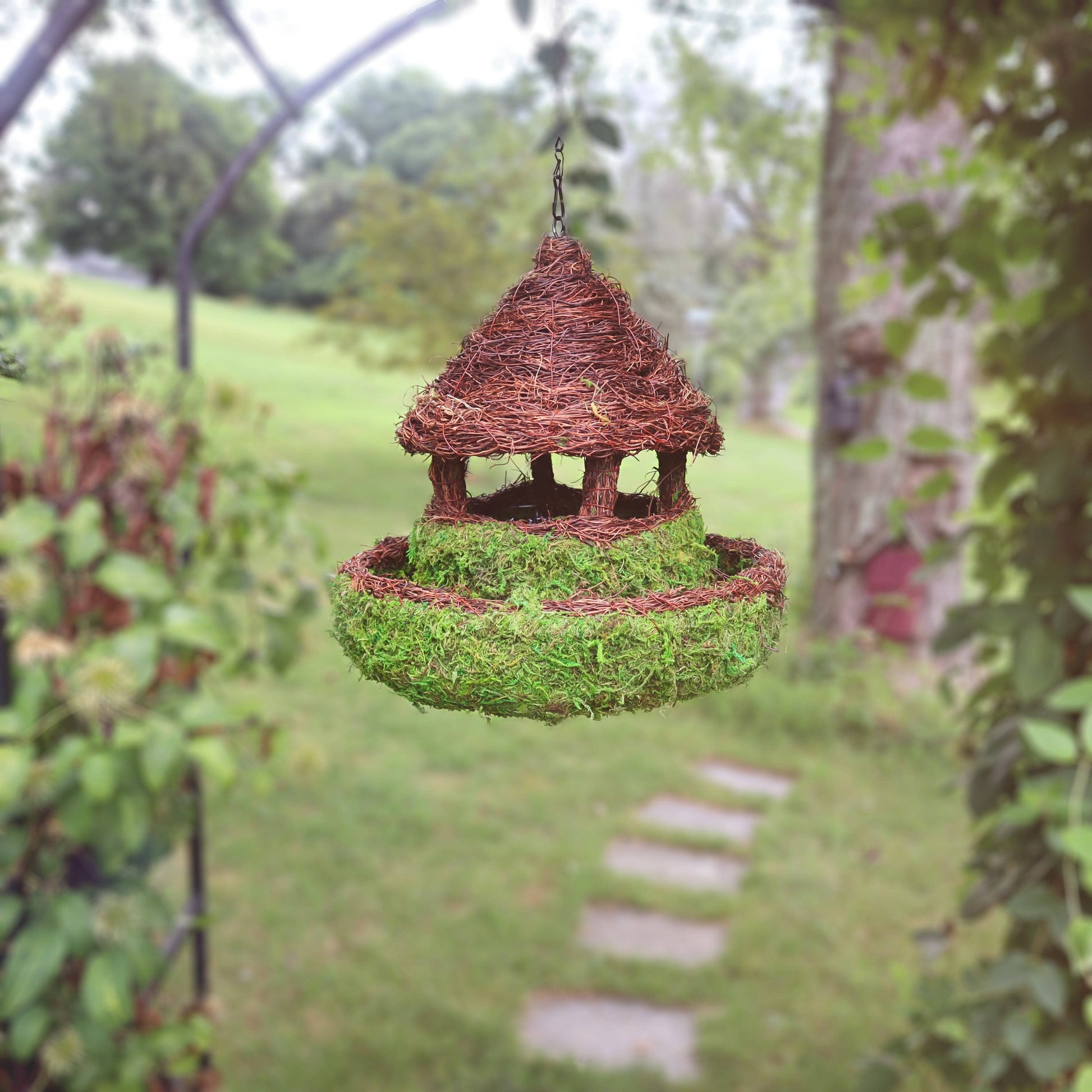 gazebo with hanging plants Plantable Moss Birdhouse