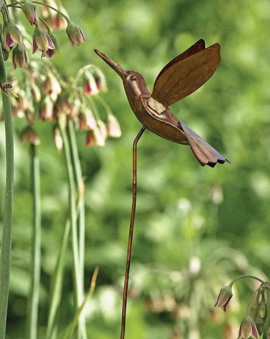 Rusty metal hummingbird garden stake with spread wings, positioned among green plants with pink drooping flowers